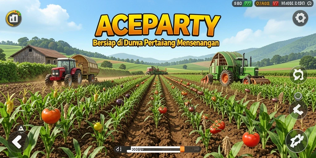 Screenshot utama ACEPARTY menunjukkan gameplay pertanian yang seru dan interaktif.