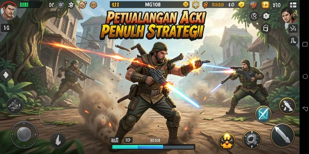 Screenshot utama MG108 menampilkan karakter dalam aksi bertempur melawan musuh.