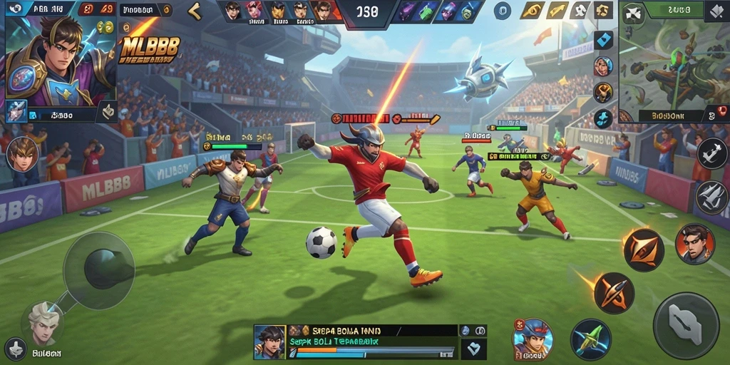 Tampilan gameplay seru dalam MLBB8 dengan aksi sepak bola yang mendebarkan.